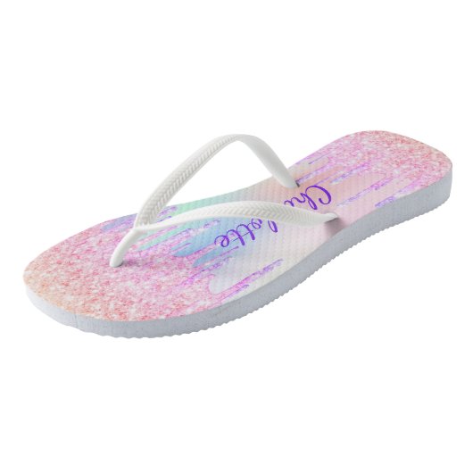 Roze paarse glitter druppelt naam holografisch teenslippers (Schuin)