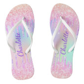 Roze paarse glitter druppelt naam holografisch teenslippers (Voetbed)