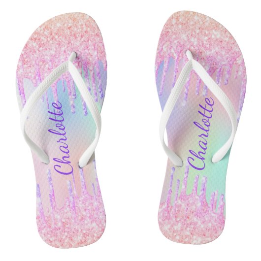 Roze paarse glitter druppelt naam holografisch teenslippers (Voetbed)
