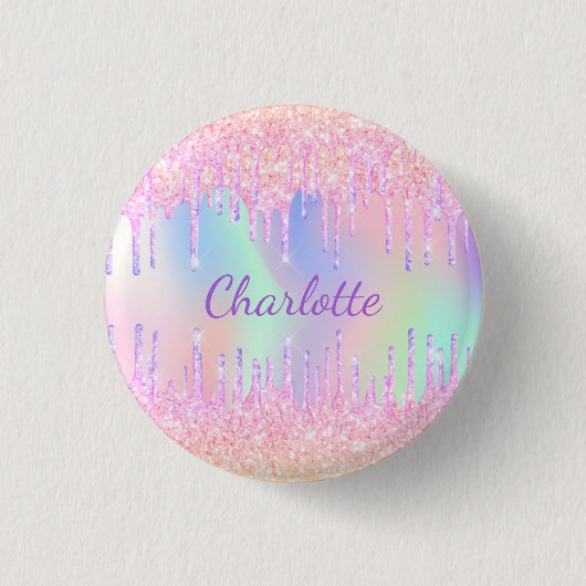 Roze paarse glitter druppelt naam holografische re ronde button 3,2 cm (Voorkant)