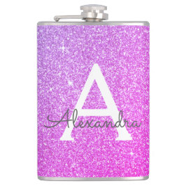Roze Paarse glitter en Sparkle Monogram Heupfles