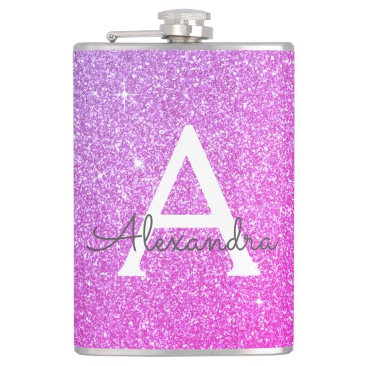 Roze Paarse glitter en Sparkle Monogram Heupfles (Voorkant)