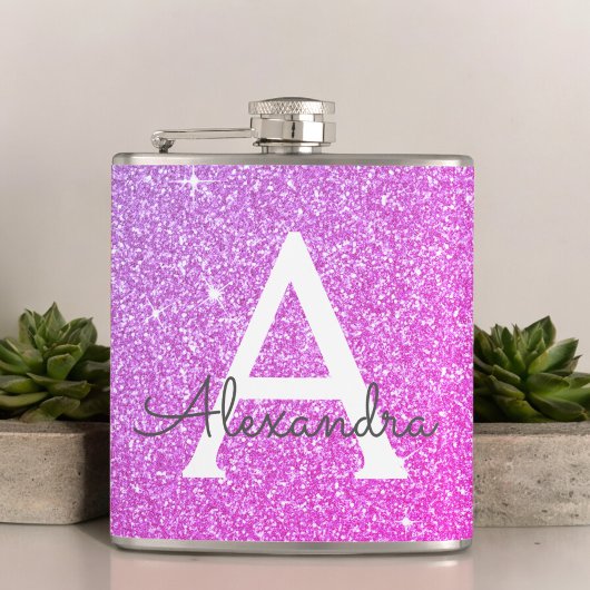 Roze Paarse glitter en Sparkle Monogram Heupfles