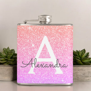 Roze Paarse glitter en Sparkle Monogram Heupfles