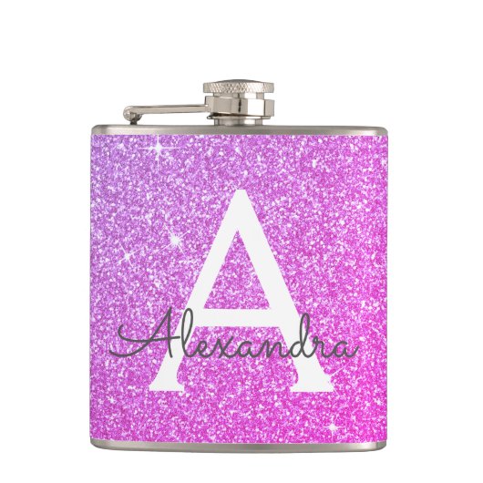 Roze Paarse glitter en Sparkle Monogram Heupfles (Voorkant)
