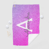 Roze Paarse Glitter- en Sparkle Monogram-naam Golfhanddoek (Insitu)
