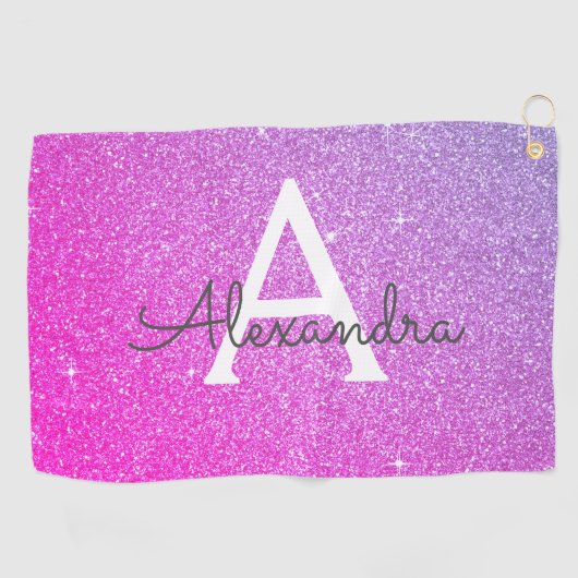 Roze Paarse Glitter- en Sparkle Monogram-naam Golfhanddoek (Horizontaal)