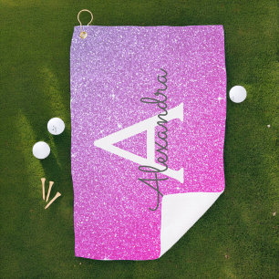 Roze Paarse Glitter- en Sparkle Monogram-naam Golfhanddoek
