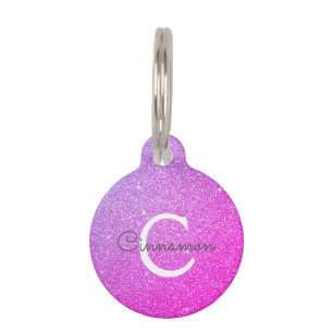 Roze Paarse Glitter- en Sparkle Monogram-naam Huisdierpenning
