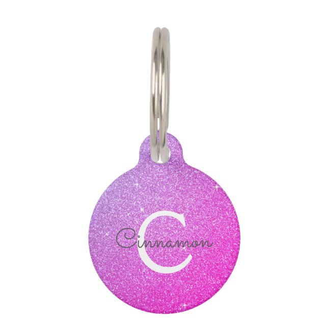 Roze Paarse Glitter- en Sparkle Monogram-naam Huisdierpenning (Voorkant)