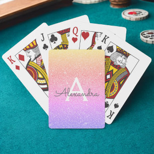 Roze Paarse glitter en Sparkle Monogram Pokerkaarten