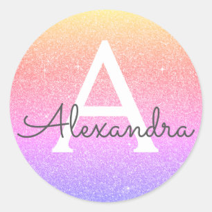 Roze - Paarse Glitter en Sparkle Monogram Ronde Sticker