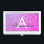 Roze Paarse glitter en Sparkle Monogram Visitekaarthouder<br><div class="desc">Roze en Paarse Ombre Faux Glitter en Sparkle Elegant Monogram Business Card Holder. Deze houder van een bedrijfskaart kan worden aangepast om uw initiaal en voornaam op te nemen.</div>