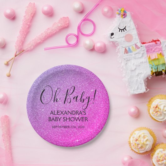 Roze Paarse Glitter en Sparkle Oh Baby! douchen Papieren Bordje (Feest)