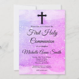 Roze Paarse Glitter Girl 1e Heilige Communie Kaart