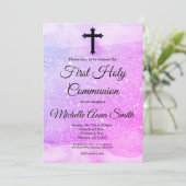 Roze Paarse Glitter Girl 1e Heilige Communie Kaart (Staand voorkant)