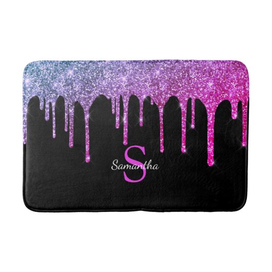 Roze Paarse Glitter Glans Drips Monogram Naam Badmat (Voorkant)