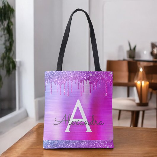 Roze Paarse Glitter Glans Elegante Monogram Tote Bag