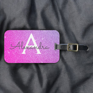 Roze - Paarse Glitter Glans Monogram Naam Bagagelabel