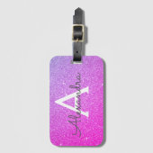 Roze - Paarse Glitter Glans Monogram Naam Bagagelabel (Voorkant (verticaal))
