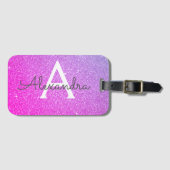 Roze - Paarse Glitter Glans Monogram Naam Bagagelabel (Voorkant (horizontaal))