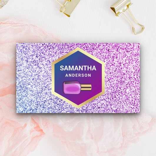 Roze Paarse Glitter Gold Nail Poolse Manicurist Visitekaartje