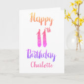 Roze Paarse glitter Happy 11th Birthday Kaart (Gele Bloem)