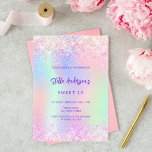 Roze paarse glitter holografisch zoet 16 kaart<br><div class="desc">Een meisjesachtige en vrouwelijke Sweet 16 feestuitnodiging. Op voorzijde: Een regenboog,  holografische gekleurde achtergrond in paarse,  roze,  muntgroen. Versierd met blush roze confetti. Personaliseer en voeg een naam en feestdetails toe. De naam is geschreven met een handgemerkt stylescript,  paarse gekleurde letters.</div>