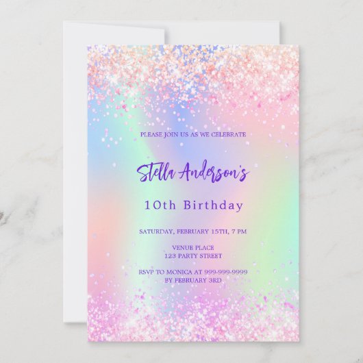 Roze paarse glitter holografische 10e verjaardag kaart (Voorkant)
