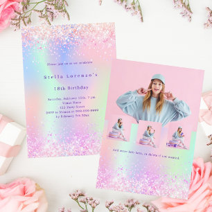 Roze paarse glitter holografische foto verjaardag kaart