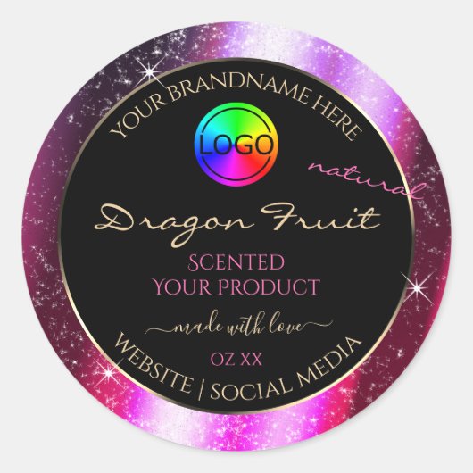 Roze Paarse Glitter Lijst Productlabel met Logo Ronde Sticker (Voorkant)