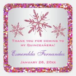 Roze, Paarse Glitter LOOK Sneeuwvlokken begunstige Vierkante Sticker