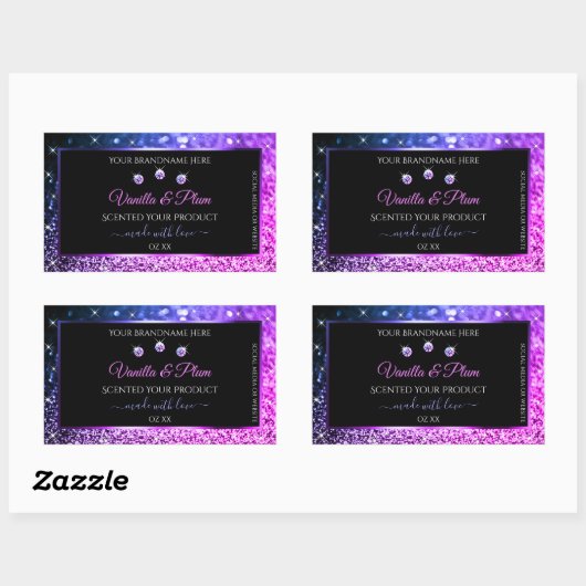 Roze Paarse Glitter Product Labels diamanten zwart (Vel)