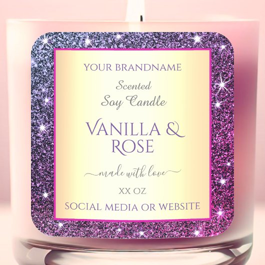 Roze Paarse Glitter Product Verpakkingslabels Goud Vierkante Sticker