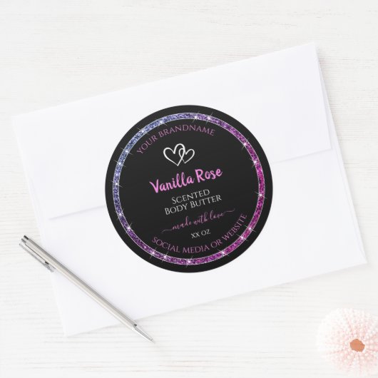 Roze Paarse Glitter Product Verpakkingslabels Zwar Ronde Sticker (Envelop)