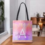 Roze Paarse Glitter Sparkle Elegant Monogram Tote Bag<br><div class="desc">Gouden, Roze en Paarse Regenboog Pastel Ombre Faux Sparkle en Dripping Glitter Metallic Roestvrij Staal Folie Elegante Monogram Boekentas. Deze boekentas kan worden aangepast om uw initiaal en voornaam op te nemen en wordt gegeven als een geschenk voor Kerstmis, Sweet 16, 18th, 21st, 30th, 40th, 50th, of 60th Birthday, Vrijgezellenfeest...</div>