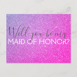 Roze Paarse Glitter & Sparkle Maid of Honor Uitnodiging Briefkaart