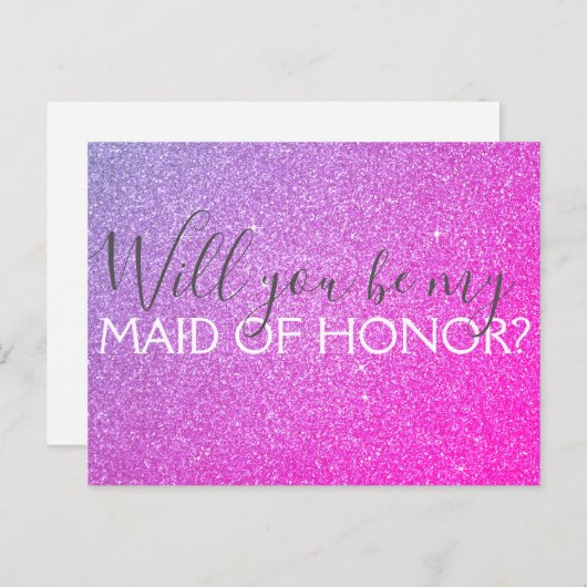 Roze Paarse Glitter & Sparkle Maid of Honor Uitnodiging Briefkaart (Voorkant / Achterkant)