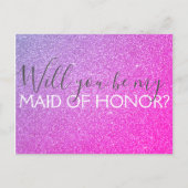 Roze Paarse Glitter & Sparkle Maid of Honor Uitnodiging Briefkaart (Voorkant)