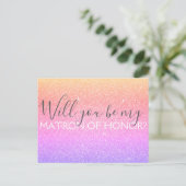 Roze Paarse glitter & Sparkle Matron of Honor Uitnodiging Briefkaart (Staand voorkant)