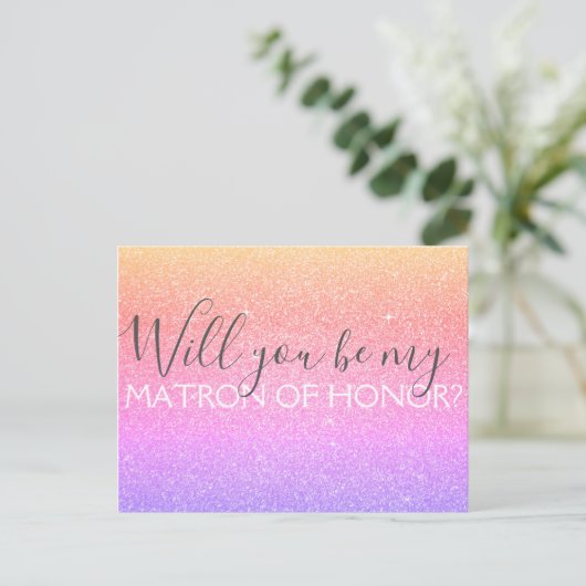 Roze Paarse glitter & Sparkle Matron of Honor Uitnodiging Briefkaart (Staand voorkant)