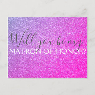 Roze Paarse glitter & Sparkle Matron of Honor Uitnodiging Briefkaart