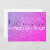 Roze Paarse glitter & Sparkle Matron of Honor Uitnodiging Briefkaart (Voorkant / Achterkant)