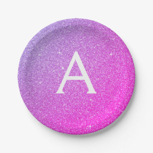 Roze Paarse glitter & Sparkle Monogram Birthday Papieren Bordje
