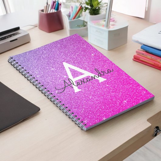Roze Paarse glitter Sparkle Monogram Notitieboek