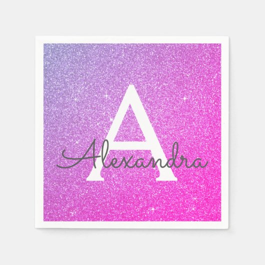 Roze - Paarse Glitter & Sparkle Monogram Verjaarda Servet (Voorkant)