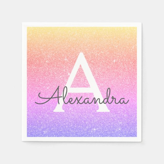 Roze - Paarse Glitter & Sparkle Monogram Verjaarda Servet (Voorkant)
