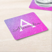 Roze Paarse Glitter & Sparkle Monogram Verjaardag Kartonnen Onderzetters (Schuin)