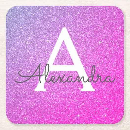 Roze Paarse Glitter & Sparkle Monogram Verjaardag Kartonnen Onderzetters (Voorkant)