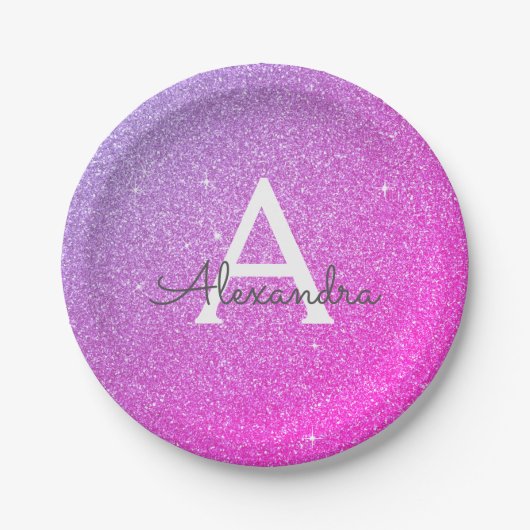 Roze Paarse Glitter & Sparkle Monogram Verjaardag Papieren Bordje (Voorkant)